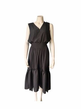 RAMY BROOK NEW YORK Black V-Neck Smocked-Waist Midi Dress